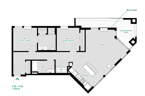 Floor plan for 2 beds, 2 baths, 1190 sqft