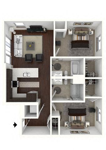 Floor plan for 2 beds, 2 baths, 968 sqft