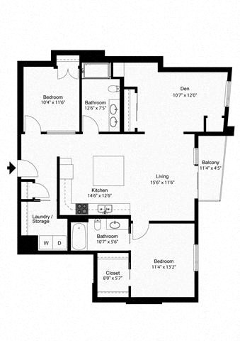 Floor plan for 2 beds, 2 baths, 1289 sqft