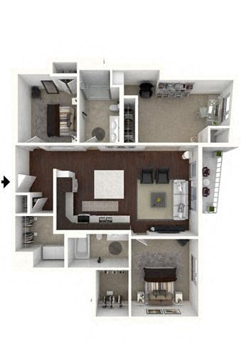 Floor plan for 3 beds, 2 baths, 1298 sqft