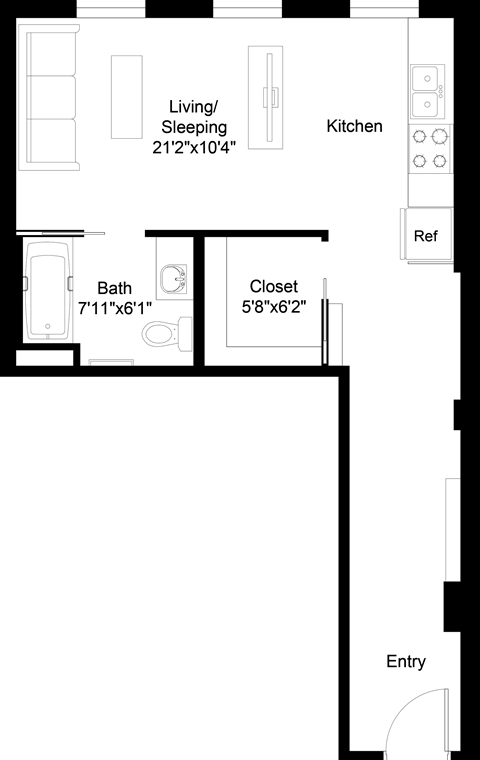 Floor plan for studio, 1 bath, 456 sqft