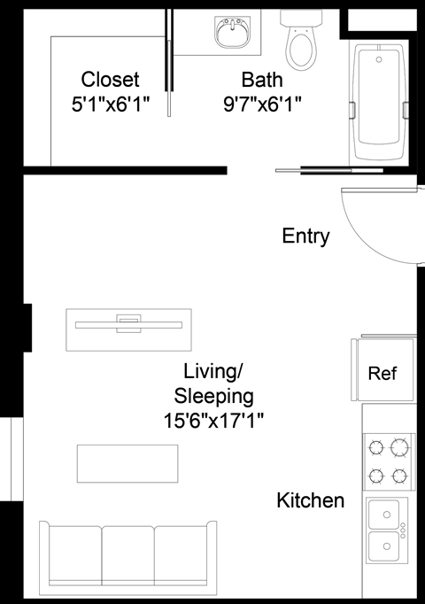 Floor plan for studio, 1 bath, 363 sqft