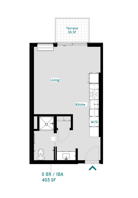 Floor plan for studio, 1 bath, 408 sqft