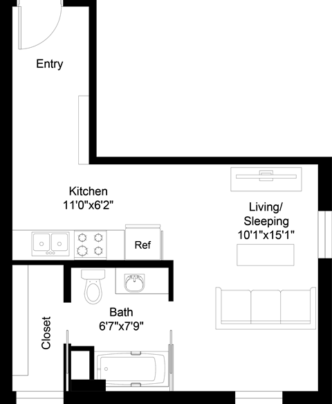 Floor plan for studio, 1 bath, 391 sqft