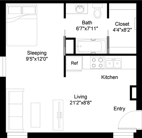 Floor plan for studio, 1 bath, 445 sqft