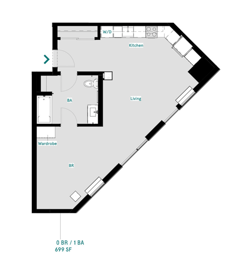 Floor plan for studio, 1 bath, 699 sqft