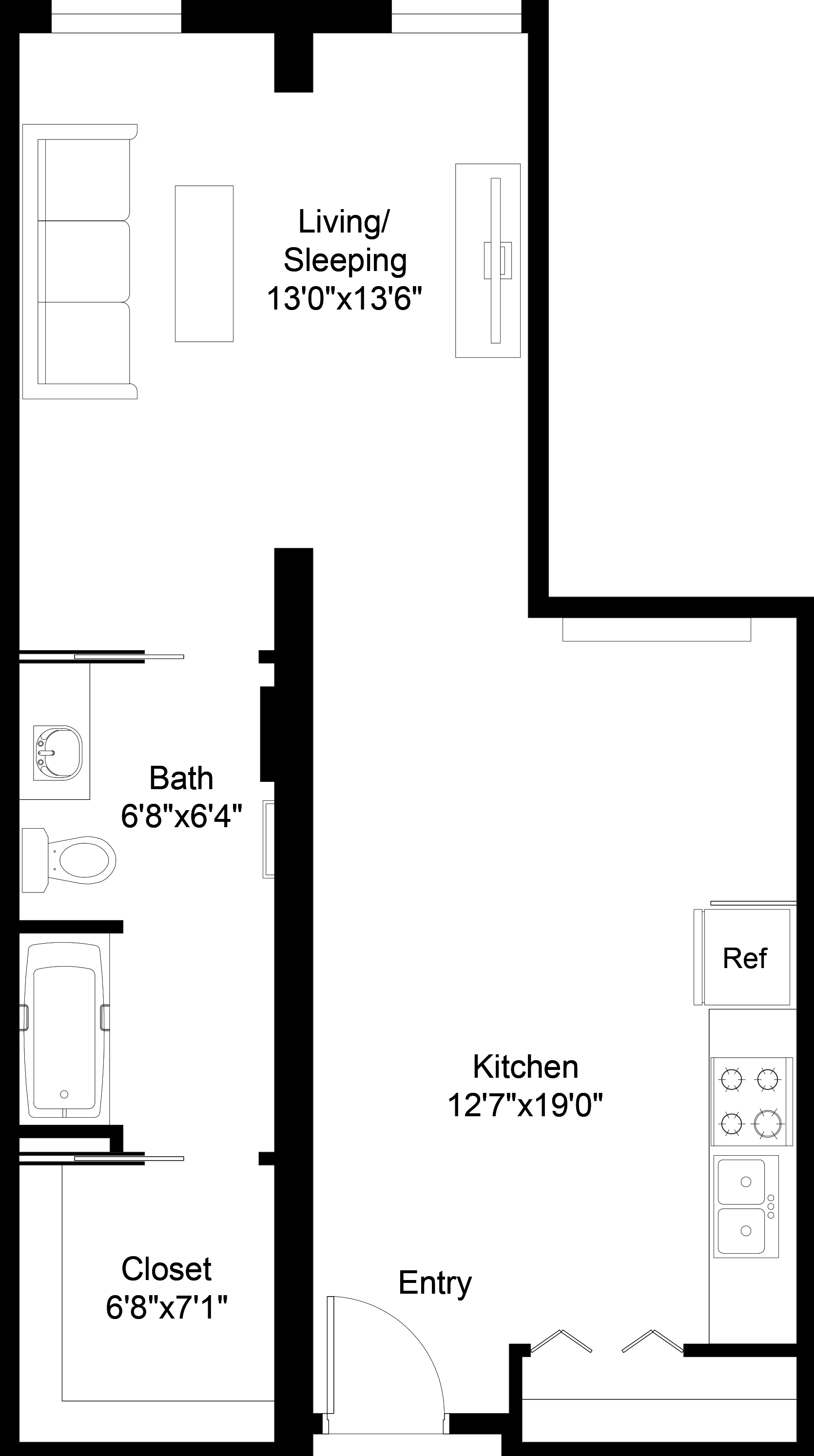 Floor plan for studio, 1 bath, 628 sqft