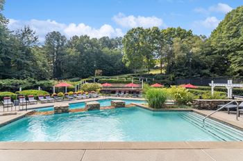 Sparkling pool plaza with cascading water fall