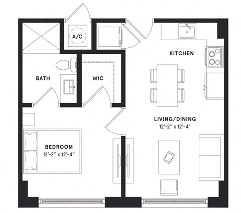 Floor plan for 1 bed, 1 bath, 555 sqft