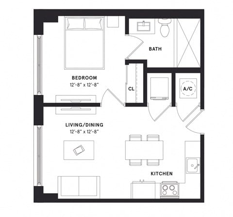 Floor plan for 1 bed, 1 bath, 579 sqft