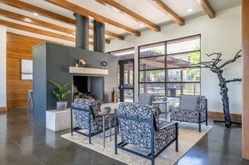 Fireside social lounging area with comfortable seating