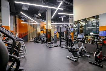 Expansive fitness studio with full olympic lifting platforms, fitness mirror, fitnessondemand, cardio bikes with livestream classes, 24/7 access