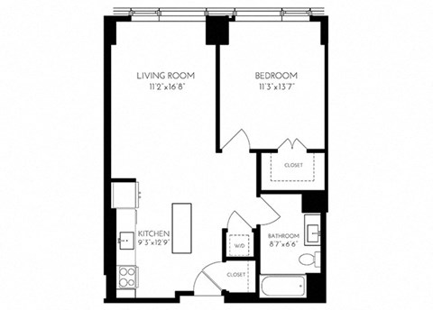 Floor plan for 1 bed, 1 bath, 740 sqft