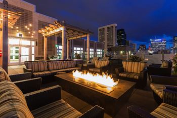 Rooftop lounge with fireplace