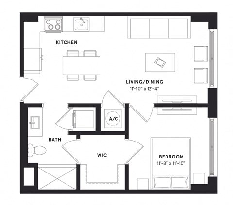 Floor plan for 1 bed, 1 bath, 635 sqft