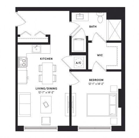 Floor plan for 1 bed, 1 bath, 734 sqft