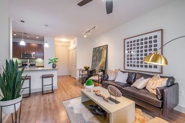 Dallas apartment for rent - a living room and kitchen with a couch and a table