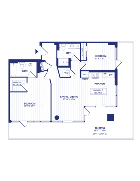 Floor plan for 2 beds, 2 baths, 1040 sqft
