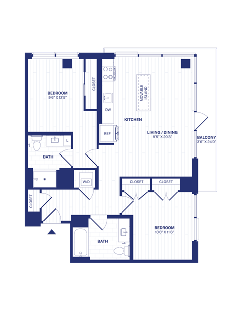 Floor plan for 2 beds, 2 baths, 965 sqft