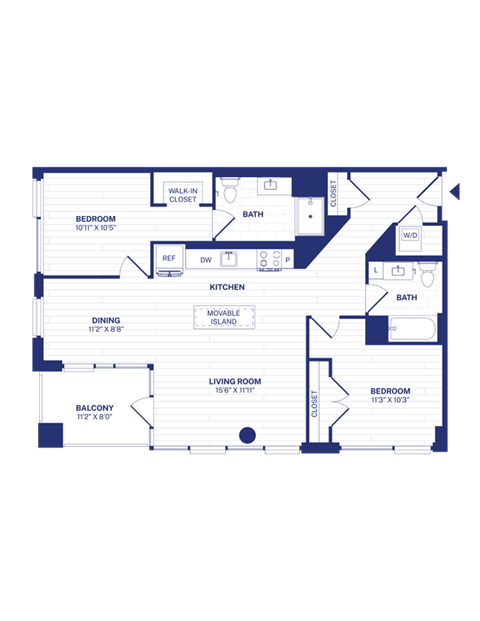 Floor plan for 2 beds, 2 baths, 1093 sqft