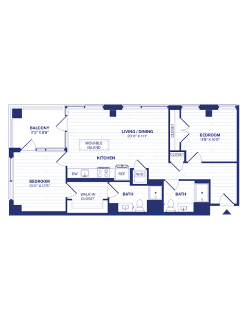 Floor plan for 2 beds, 2 baths, 962 sqft