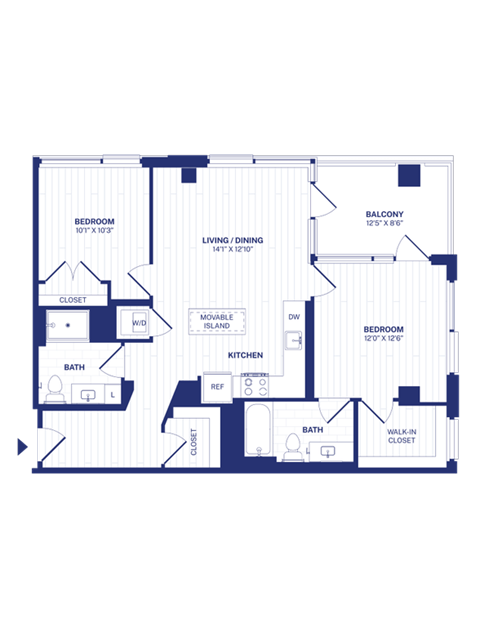 Floor plan for 2 beds, 2 baths, 964 sqft