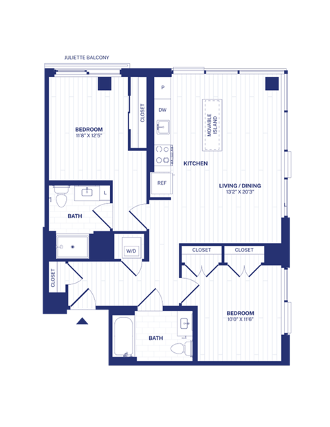 Floor plan for 2 beds, 2 baths, 966 sqft
