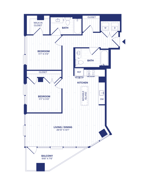 Floor plan for 2 beds, 2 baths, 1162 sqft
