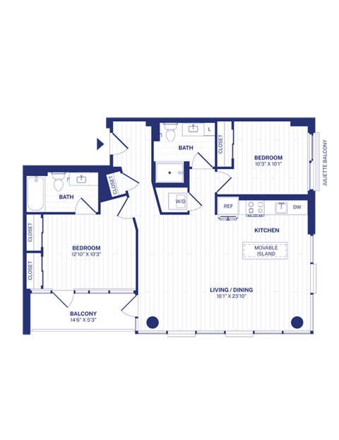 Floor plan for 2 beds, 2 baths, 1023 sqft
