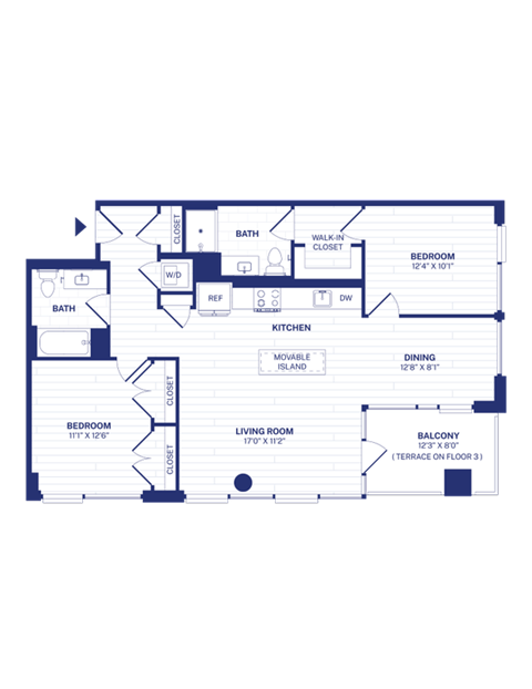 Floor plan for 2 beds, 2 baths, 1074 sqft