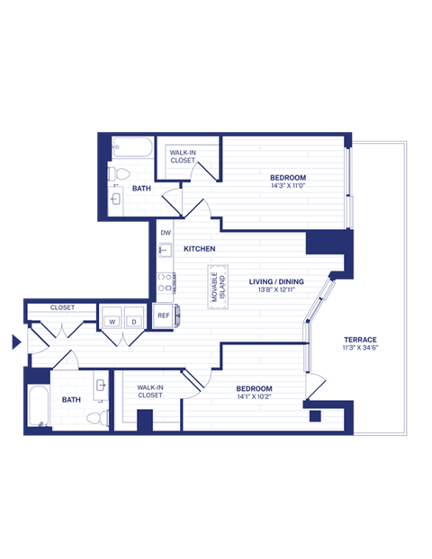 Floor plan for 2 beds, 2 baths, 1062 sqft