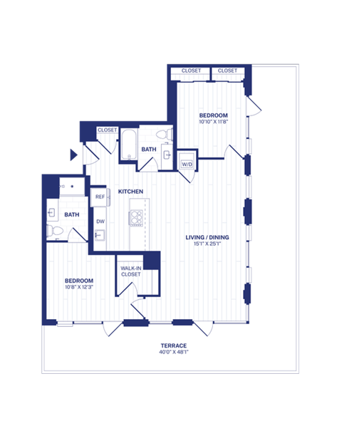 Floor plan for 2 beds, 2 baths, 1076 sqft