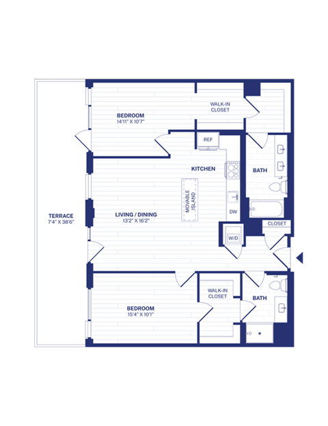 Floor plan for 2 beds, 2 baths, 1135 sqft
