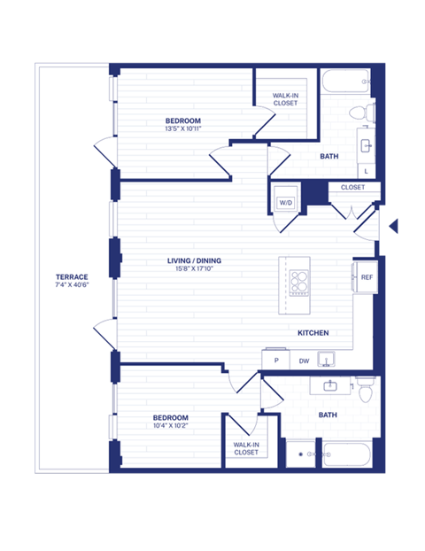 Floor plan for 2 beds, 2 baths, 1085 sqft