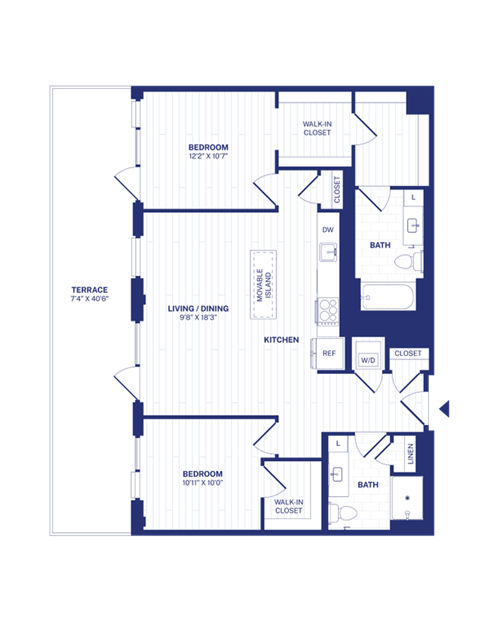 Floor plan for 2 beds, 2 baths, 1085 sqft