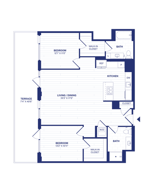 Floor plan for 2 beds, 2 baths, 1176 sqft