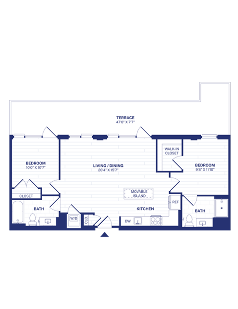 Floor plan for 2 beds, 2 baths, 942 sqft