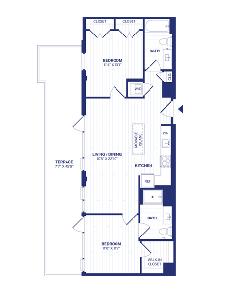 Floor plan for 2 beds, 2 baths, 947 sqft