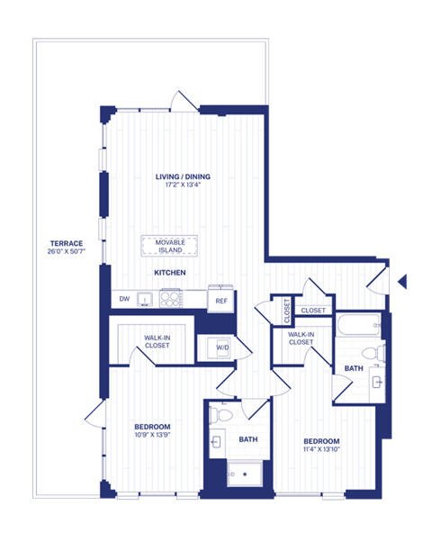 Floor plan for 2 beds, 2 baths, 1127 sqft
