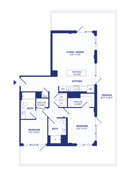 Floor plan for 2 beds, 2 baths, 1042 sqft