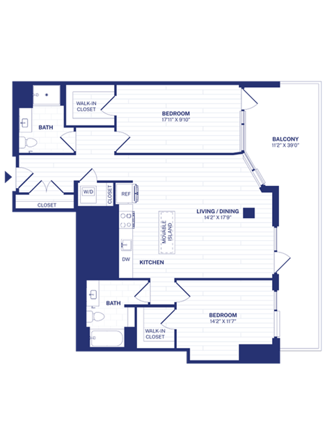 Floor plan for 2 beds, 2 baths, 1216 sqft