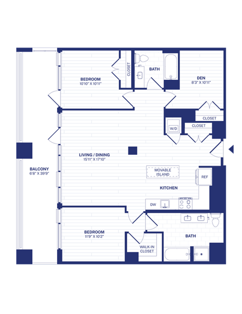 Floor plan for 2 beds, 2 baths, 1257 sqft