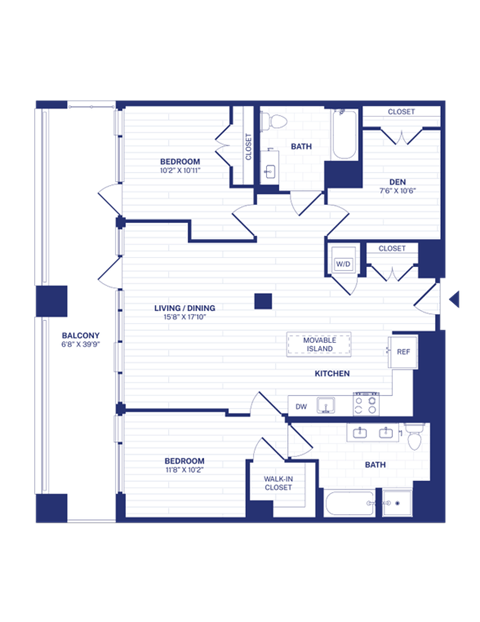 Floor plan for 2 beds, 2 baths, 1257 sqft