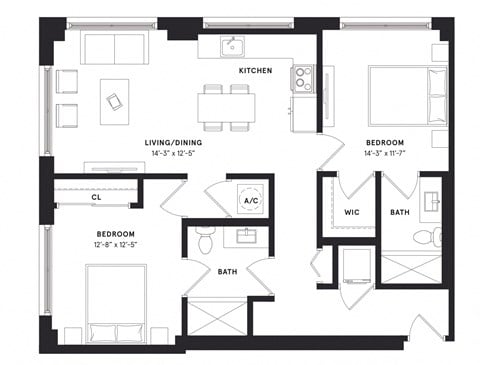 Floor plan for 2 beds, 2 baths, 1041 sqft