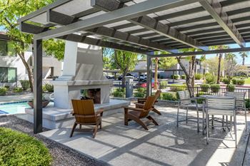 Outdoor lounge with fireplace