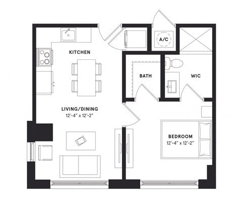 Floor plan for 1 bed, 1 bath, 565 sqft
