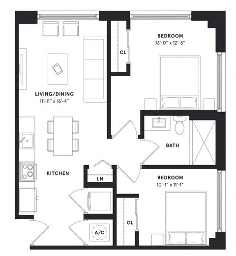 Floor plan for 2 beds, 1 bath, 812 sqft