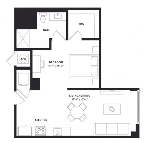 Floor plan for studio, 1 bath, 727 sqft