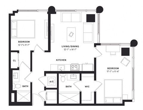 Floor plan for 2 beds, 2 baths, 913 sqft
