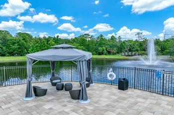 Lakeside patio with comfortable seating